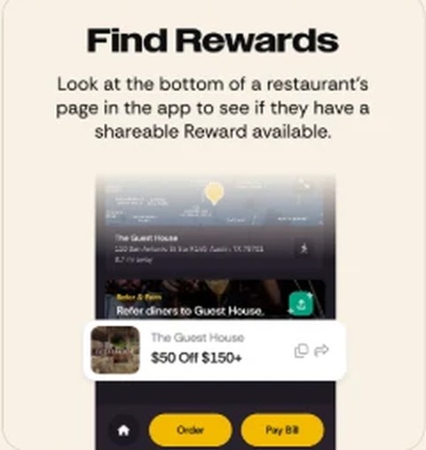 Find Rewards — the shareable Reward card at the bottom of a restaurant's page in the inKind app
